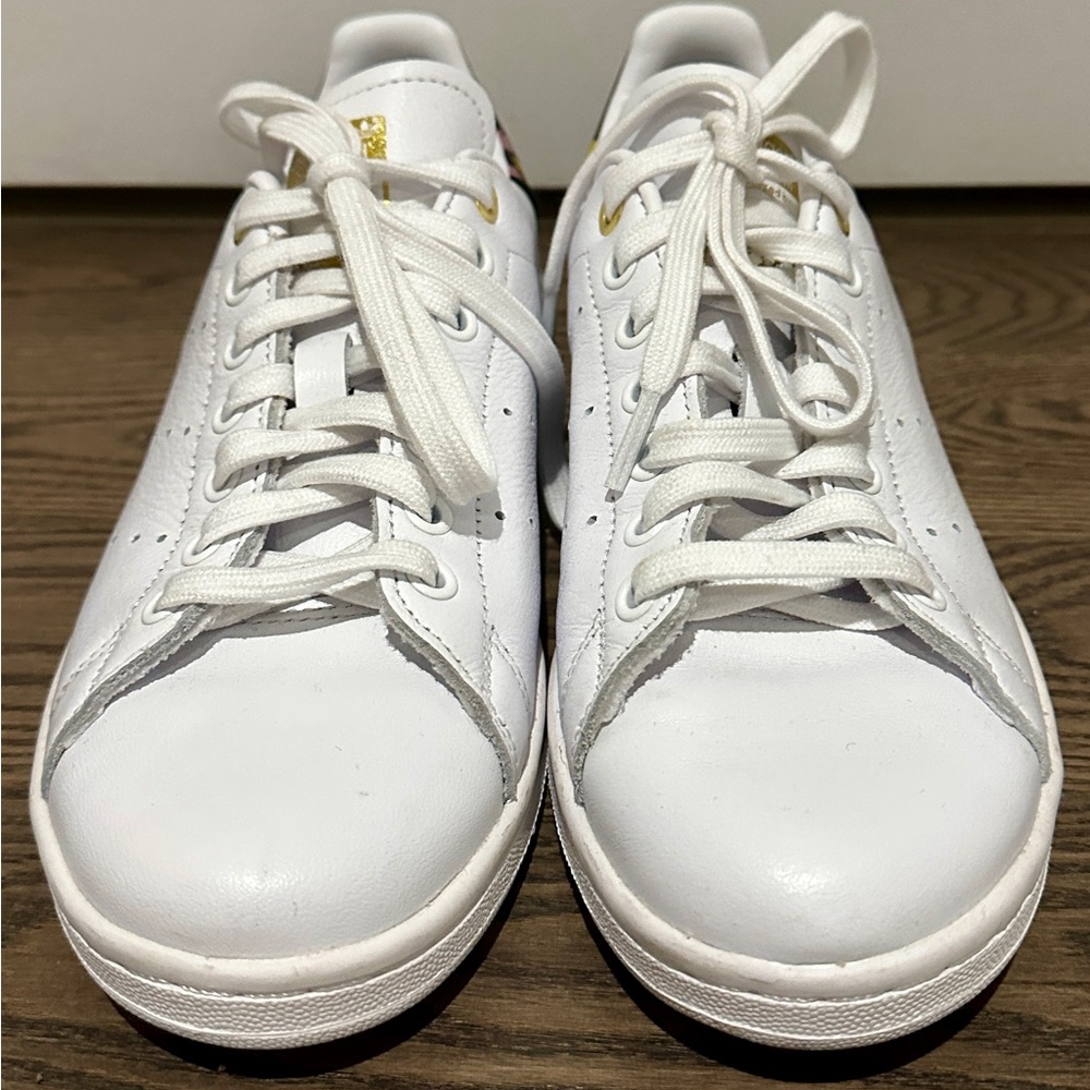 Adidas White Sneakers with Gold and Black Details